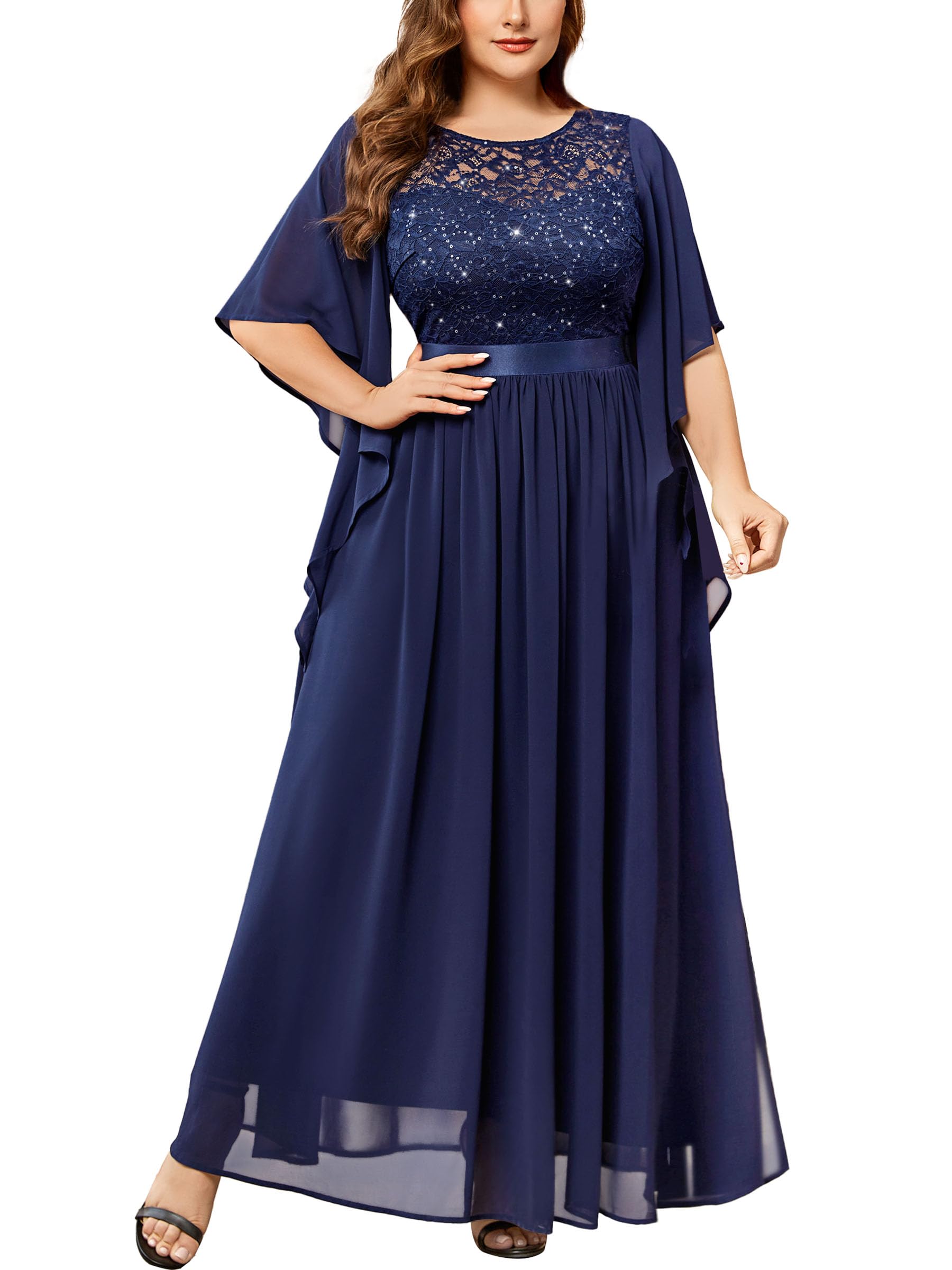 Miusol Women's Plus Size Sequin Lace with Ruffle Cape Cloak Sleeves Elegant Evening Gown Wedding Guest Maxi Dress