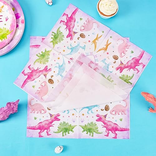 Miniatura 4 de Juego de vajilla de fiesta de dinosaurios en acuarela, dinosaurio rosa, suministros para fiesta de tercer cumpleaños, paquetes para niñas,