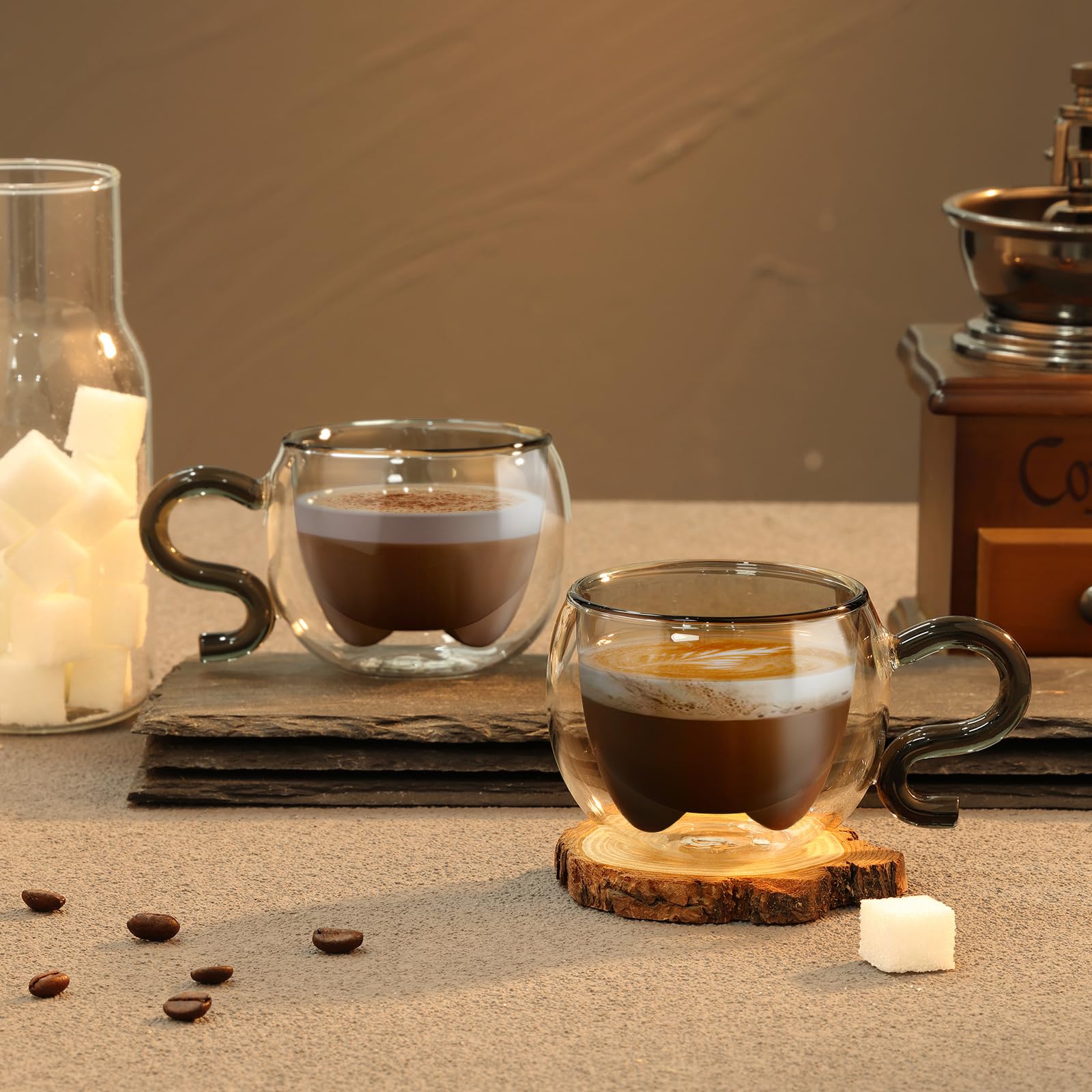 ecooe 2 Pezzi Nero Bicchieri da Caffè a Doppia Parete con Simpatico Gatto 130 ml, Regalo di Compleanno per Donne, Uomini, Mamme, Bambini, Tazza da Caffè Espresso per Caffè Freddo e Latte