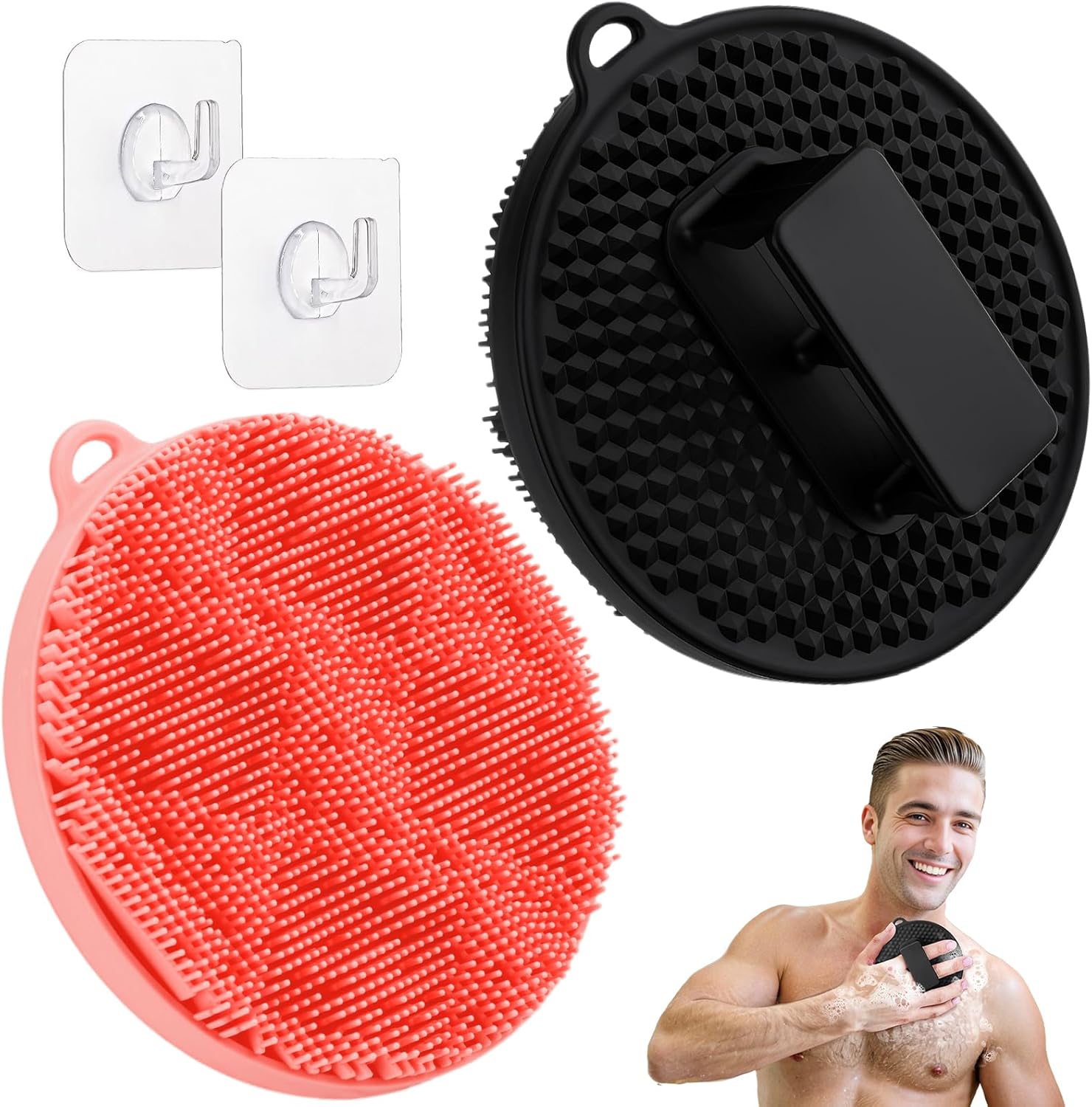 Silicone Body Scrubber 2PCS, Hygienic Silicone Loofah with Waved Bristles and Non-Slip Handle, Durable Body Buffer Shower Scrubber for Gentle Exfoliating & Lathering(Black+Pink)