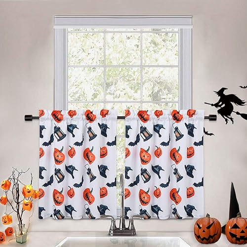 Miniatura 8 de CAROMIO Cenefas de cocina de Halloween para ventanas, calabazasmurciélagossombrero de brujafarolesdecoraciones de Halloween, cortinas de cenefa de