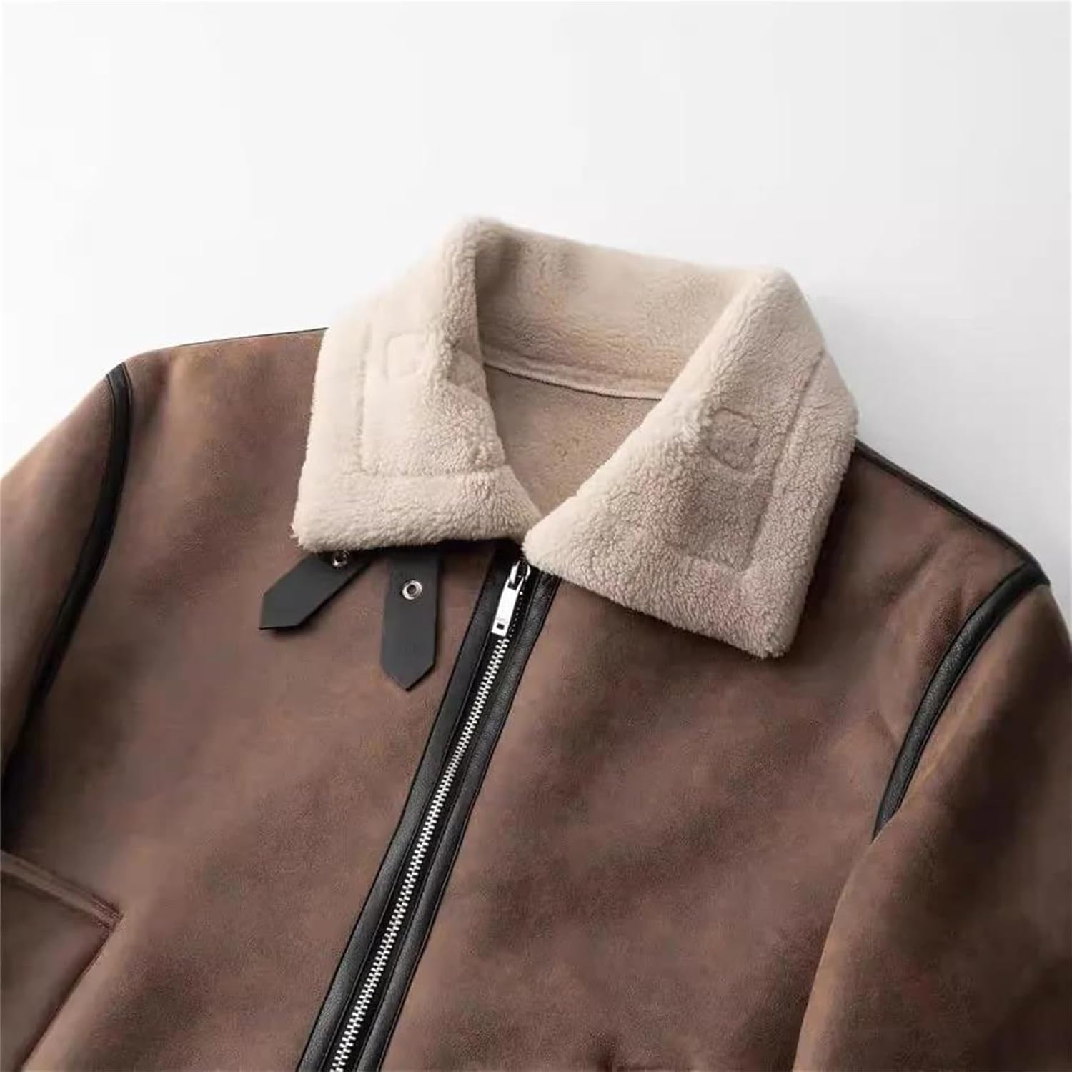 Men's Color Block Faux Leather Jacket Turn Down Collar Loose Fit Thick Winter Outerwear Trendy Comfortable Warm Coat