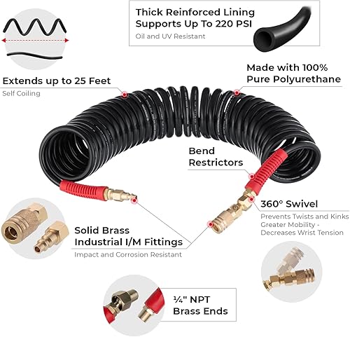 Miniatura 2 de INTERTOOL poliuretano manguera de aire de retroceso de aire, 1/4" x 25 pies, 1/4" MNPT, resistente, ligero, para todo tipo de clima, doblado