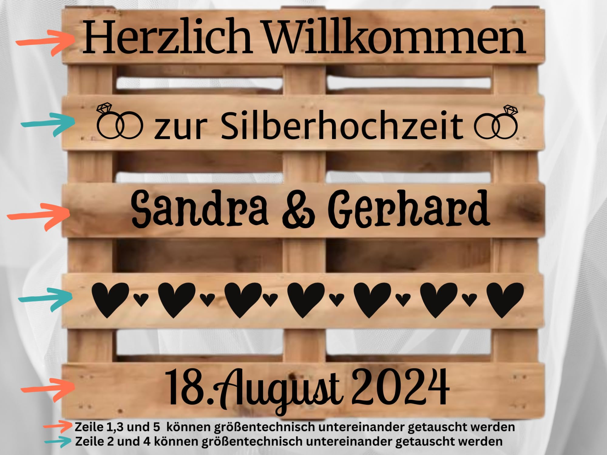 Aufkleber Palette Silberhochzeit,Palettenaufkleber personalisiert mit Namen und Datum für Silberhochzeit in Schwarz oder Weiß, passend für Europalette, Diy Hochzeitspalette, Klebeschrift