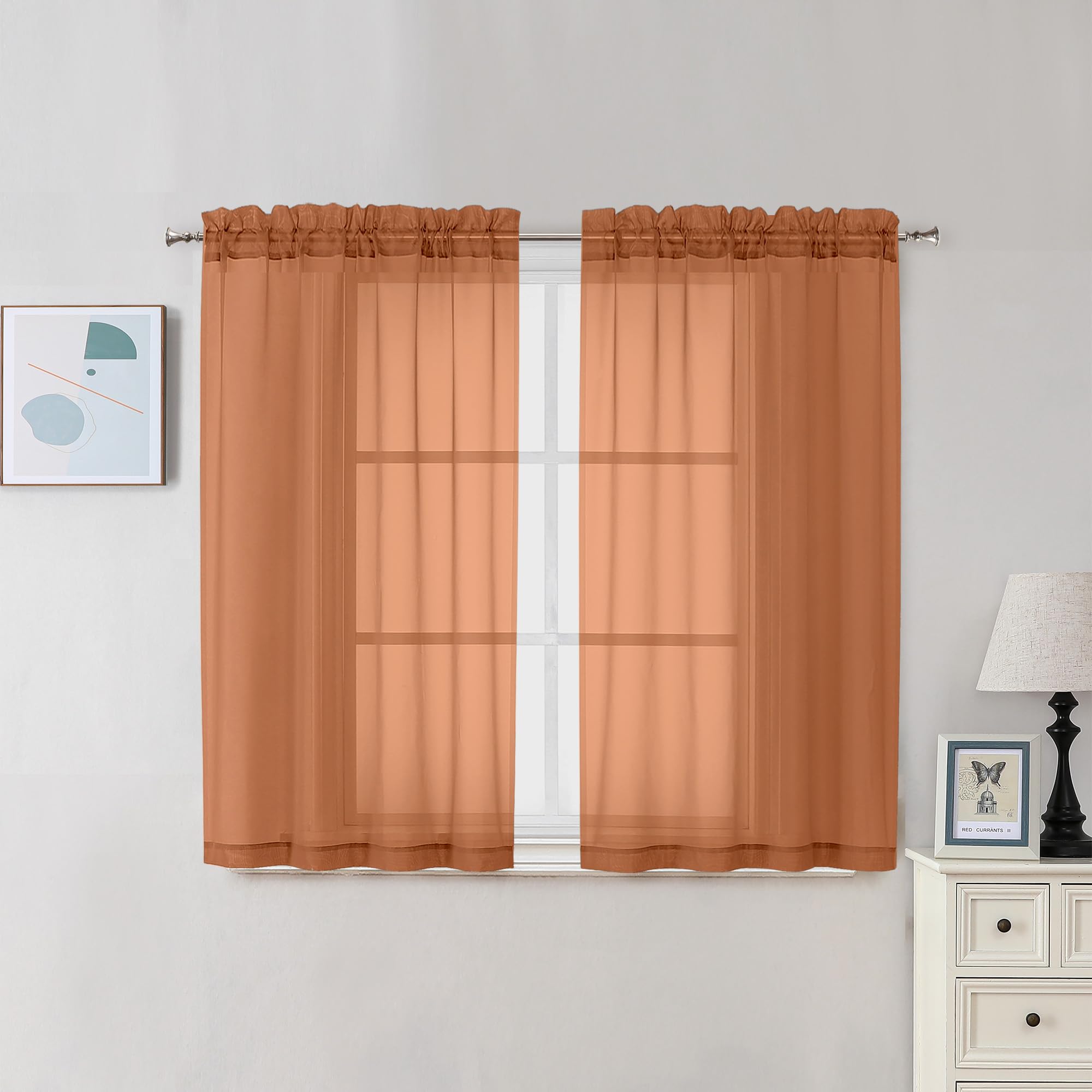 Chyhomenyc Orange Sheer Curtains 45 Inch Long 2 Panels, Light Filtering Rod Pocket Voile Short Curtains Drapes for Living Room Bedroom Small Windows, 42Wx45L Inches