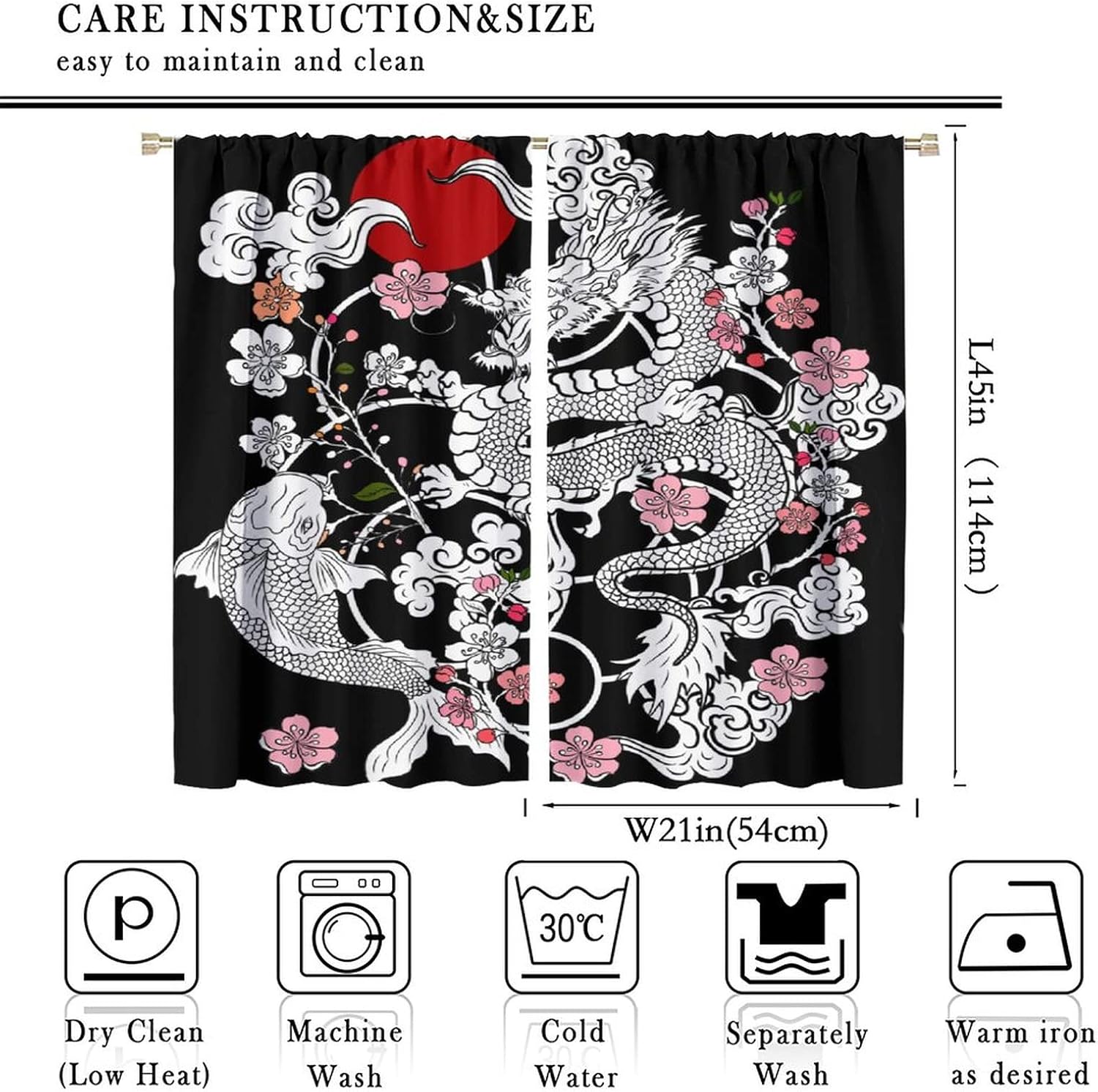 Chinese Dragon Blackout Curtains,Oriental Tradition Japanese Abstract Dragon with Peach Blossom Cloud Koi Fish Wave Print Window Drapes for Kids Boys Girls Teens Bedroom Living Room 42x45 Inch