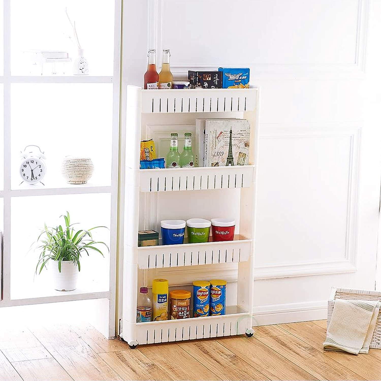 LookNSnap 4 Layer Multipurpose Plastic Storage Organizer Slim Rack Shelf with Wheels | Slim Slide Out Kitchen Trolley Rack Holder Storage Organizer for Kitchen, Bathroom (White, Tiered Shelf) (B0C6DWQJ3S) Amazon Price History, Amazon Price Tracker