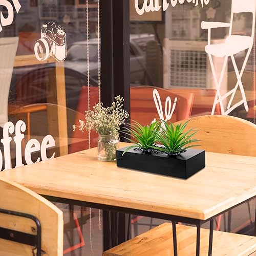 Miniatura 4 de MyGift Plantas artificiales de césped artificial de 10 pulgadas en maceta rectangular de madera negra, plantas sintéticas de interior para