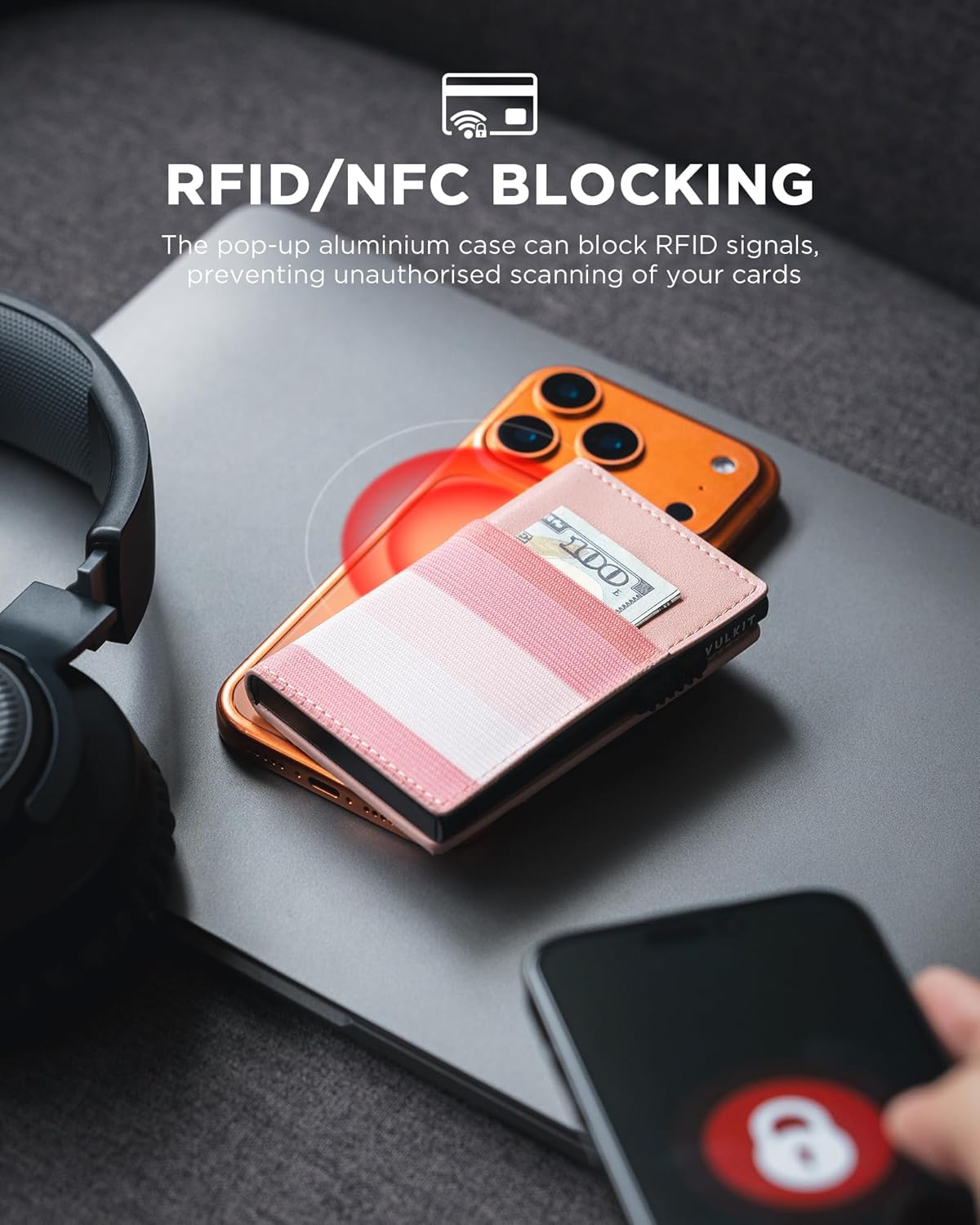 VULKIT Card Holder for Men or Women Slim Card Wallet Minimalist Bifold Credit Card Holder RFID Blocking Pop Up Metal Card Case Magnetic Closure, Stripe Pink - Image 6