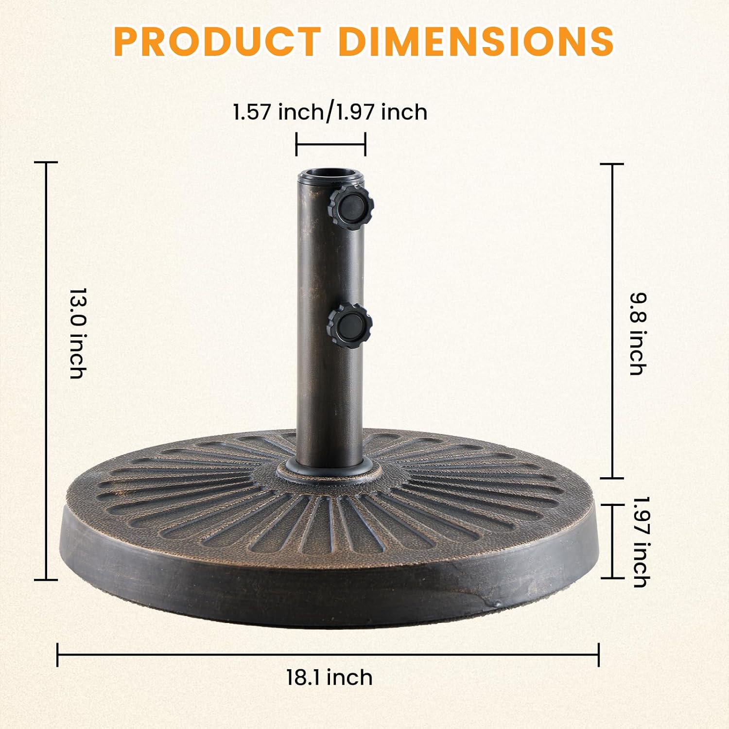 NEWBULIG 30 LBS Patio Umbrella Base, Heavy-Duty Resin Outdoor Umbrella Stand, Weather-Resistant Powder Coated Umbrella Holder for Garden/Backyard/Deck/Pool, 2 Securing Knobs & 2 Rod Adapters, Bronze
