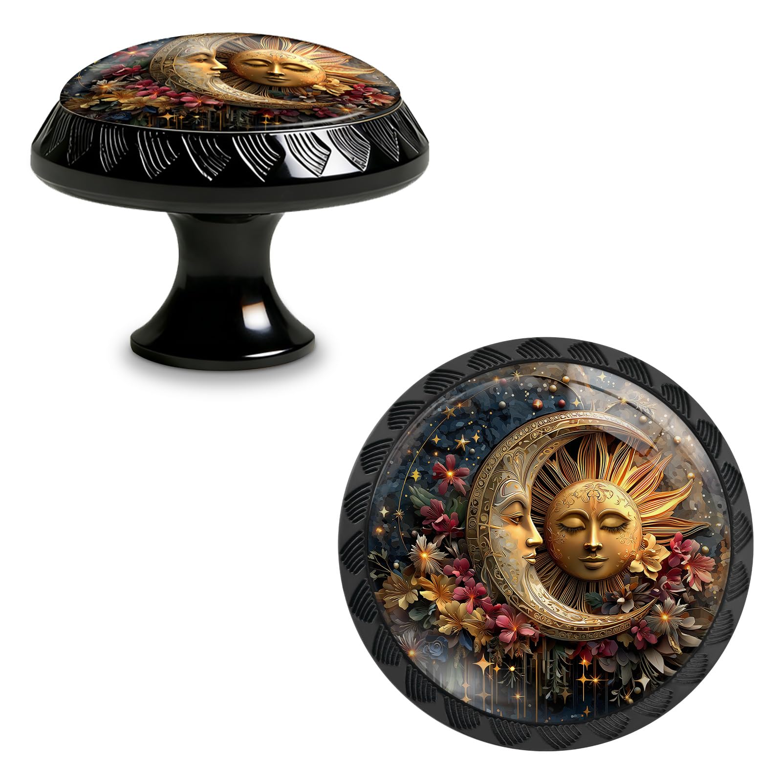 Boutons d'armoire de cuisine ronds Yiruhe en acrylique avec motif floral soleil lune x4