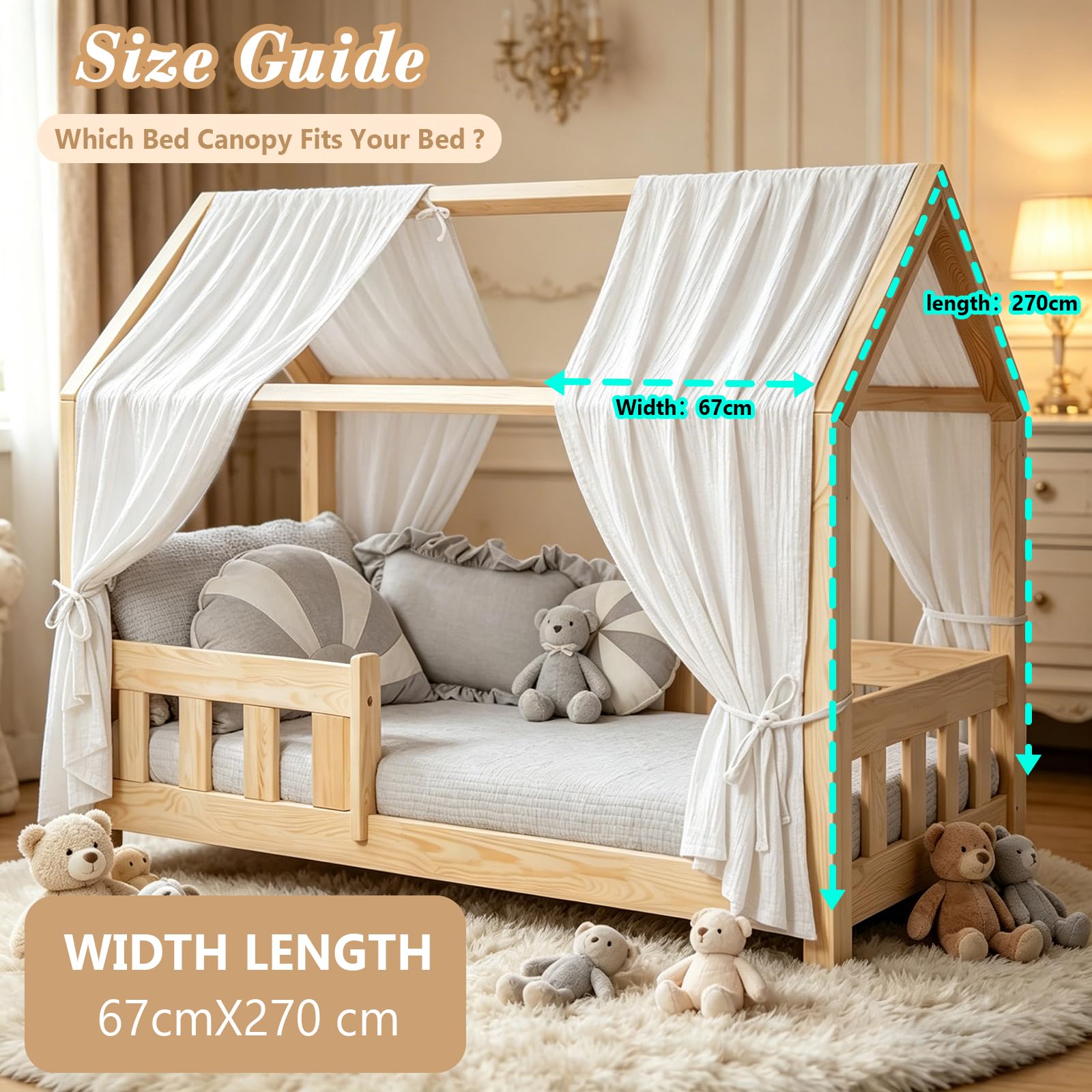 Ginkago Baldacchino 100% Cotone per Cameretta Tenda per Letto a Castello & Lettino Decorazione per Bambina e Bambino Salvaspazio per Stanze Piccole (Bianco, 270 x B67 cm)