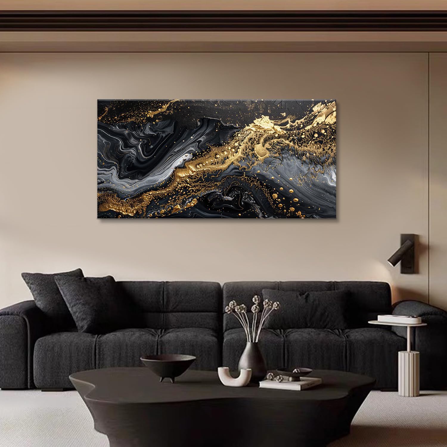 Extra Large Black and Gold Marble Wall Art Golden Swirl Abstract Oil Painting Luxurious Canvas Print Picture Office Home Decor for Living Room Bedroom