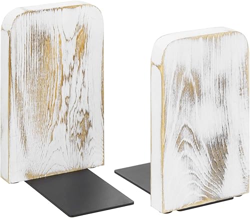 Miniatura 7 de MyGift Sujetalibros de escritorio de madera encalada, organizadores decorativos de exhibición, decoración de estantes de libros de oficina, 1 par