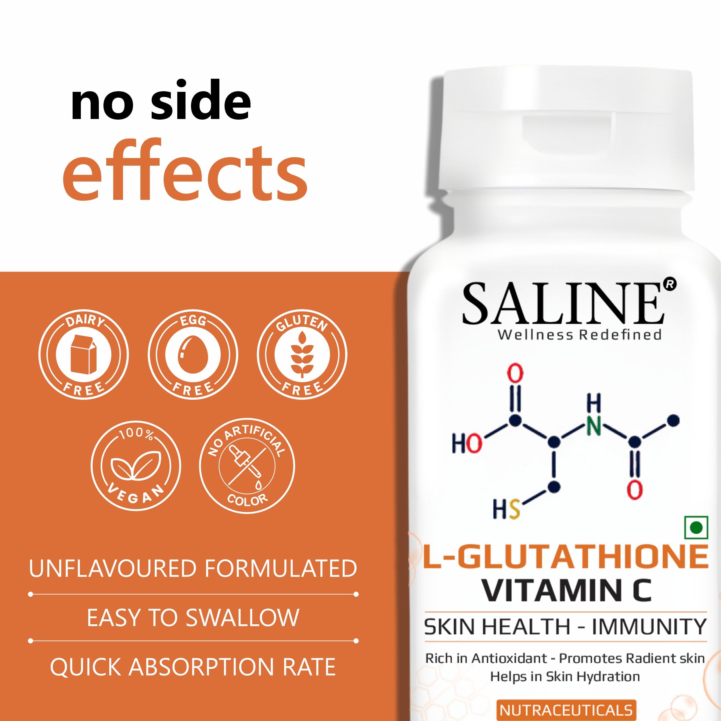 SALINE Glutathione Tablets for Skin Glow | With L-Glutathione 500000 mcg & Vitamin C 40000 mcg | Antioxidant Support | 30 Tablets