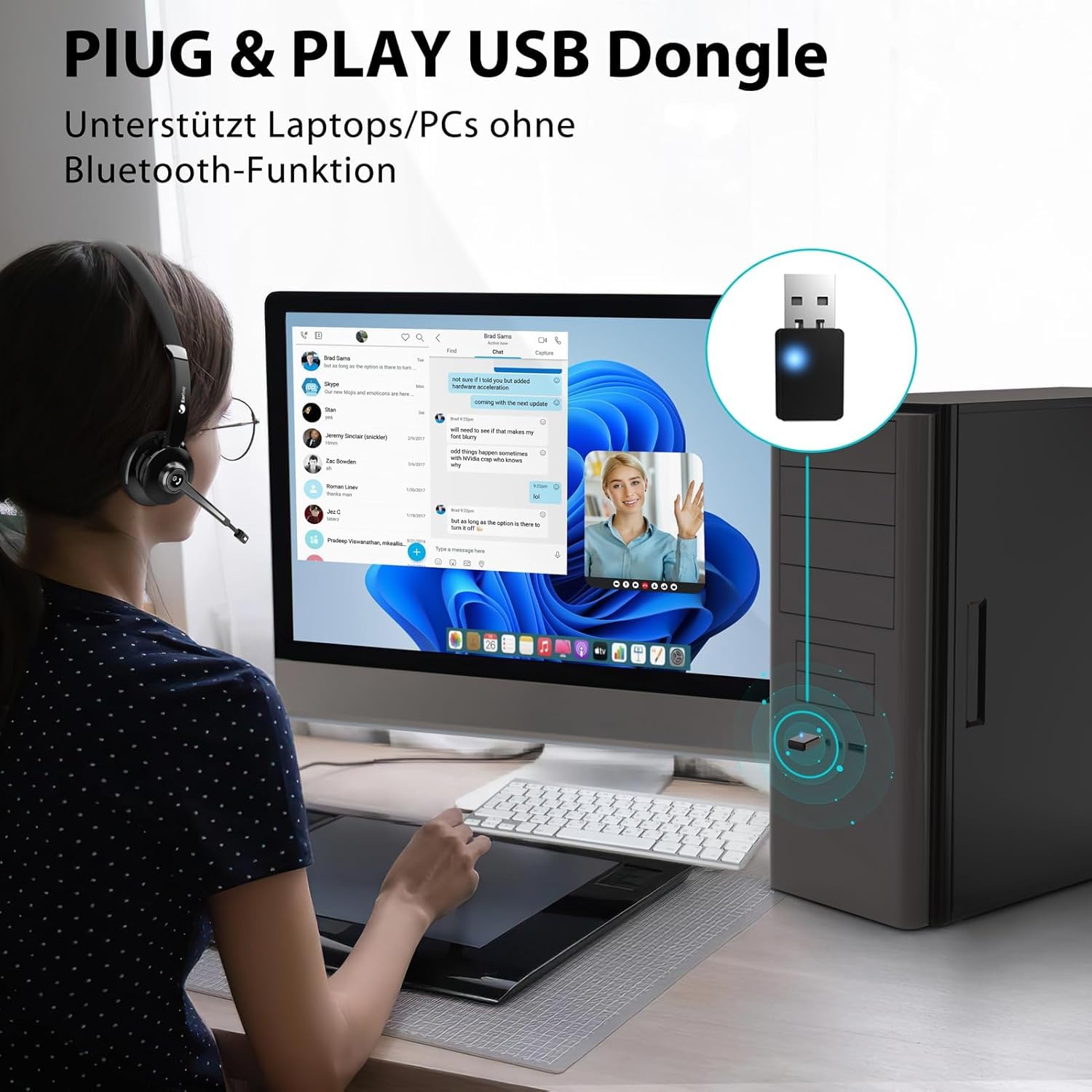 Earbay Headset mit Mikrofon Bluetooth, Kabelloses Headset mit Rauschunterdrückung, inklusive USB-Dongle und praktischer Stummschaltung & Ladestation für Computer/Meeting/Handy/Call Center/Büro