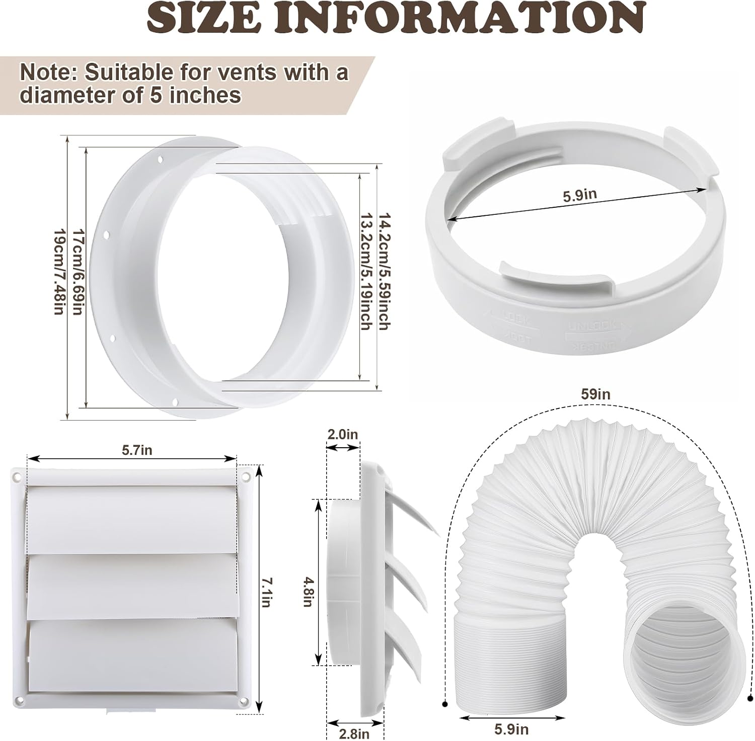 1 Set Dual Size Portable Ac Exhaust Hose Vent Wall Mount Connector Kit with 6 In Louvered Vent Cover 59 Inch Hose and 6 Inch Portable Air Conditioner Exhaust Coupler (Round)