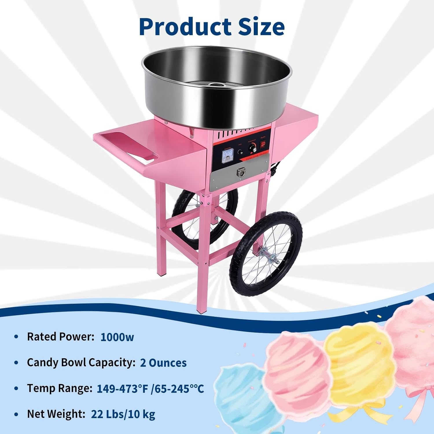 3000R/M Electric​ Cotton Candy Cart, Portable​ Cotton Candy Machine Includes Sugar Spoon and Glass Cover, Alloy Steel Bowl Cotton Candy Machine Cart, Easy Use at Home, Markets, Parties