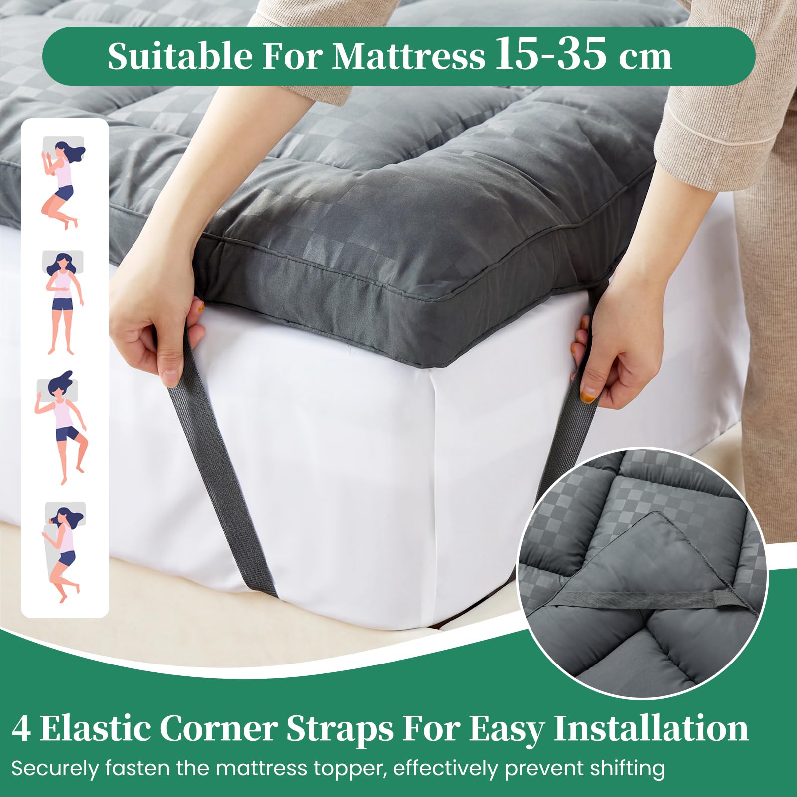 Surmatelas 180x200cm Protège Matelas en Microfibre Respirant, 1000GSM Surmatelas Hypoallergénique avec Sangles Élastiques, Gris