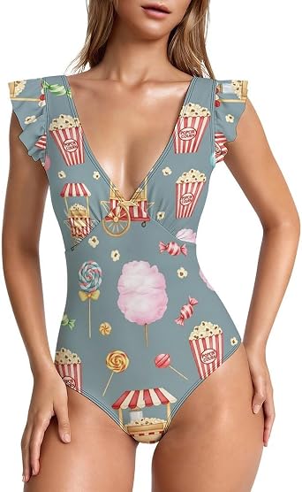 Womens Ruffled One Piece Swimsuit Question Mark Pattern5 V Neck Tummy Control Bathing Suit for Beach