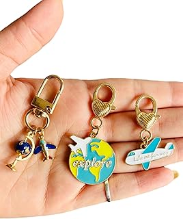 TraveEssentialz 3 pc Pack Metal Travel Keychain Globe Airplane | Bag Hanging Charm Pendant Souvenir | Women's Day Travel G...