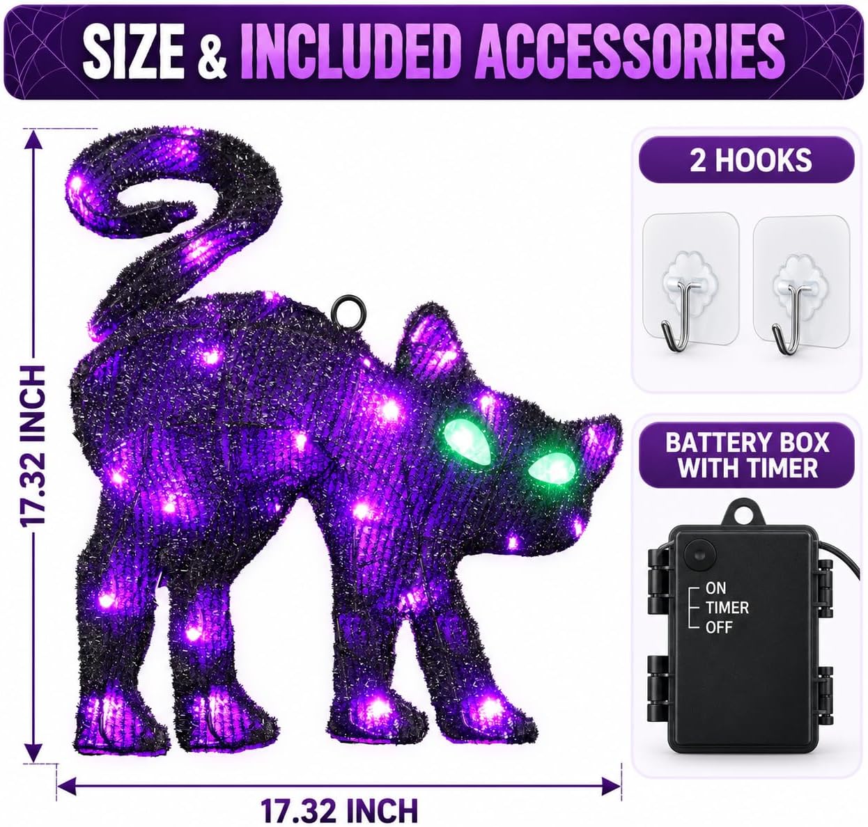 Halloween Lighted Hanging Black Cat Decorations Indoor, Spooky Glowing Purple LED Window Decor with Auto-Timer, Halloween Sparkling Tinsel Cat with Hooks for Front Porch Door Fireplace Tree