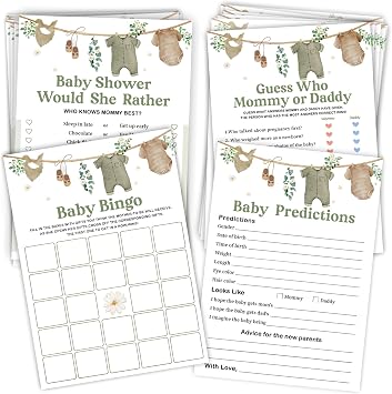 Baby Shower Games for Boys, Bingo Game for 25 Guests, Fun Mommy or Daddy Prediction Game, Would She Rather Sage Green Baby Shower Decorations Ideas