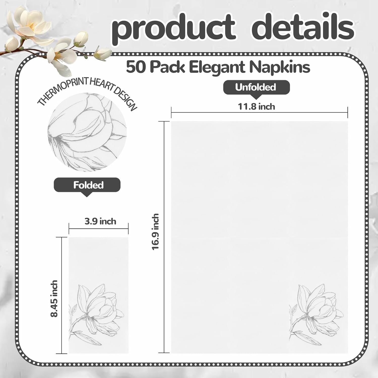 50 Pack Silver Magnolia Napkins - Silver Floral Disposable Napkins - Cloth-Like Feel Dinner Paper - Vintage Heavy Duty Hand Towels for Bathroom Wedding Holiday Party Bridal Decorative Towels