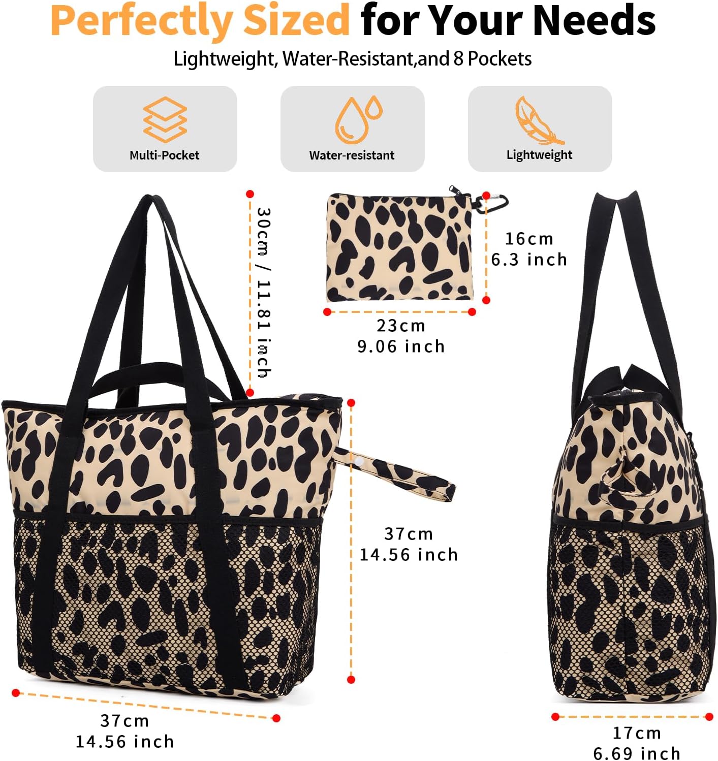 Leopard Print Beach Bag for Women, 26 L Waterproof Foldable Mesh Tote with 8 Pockets for Travel Pool Picnic.
