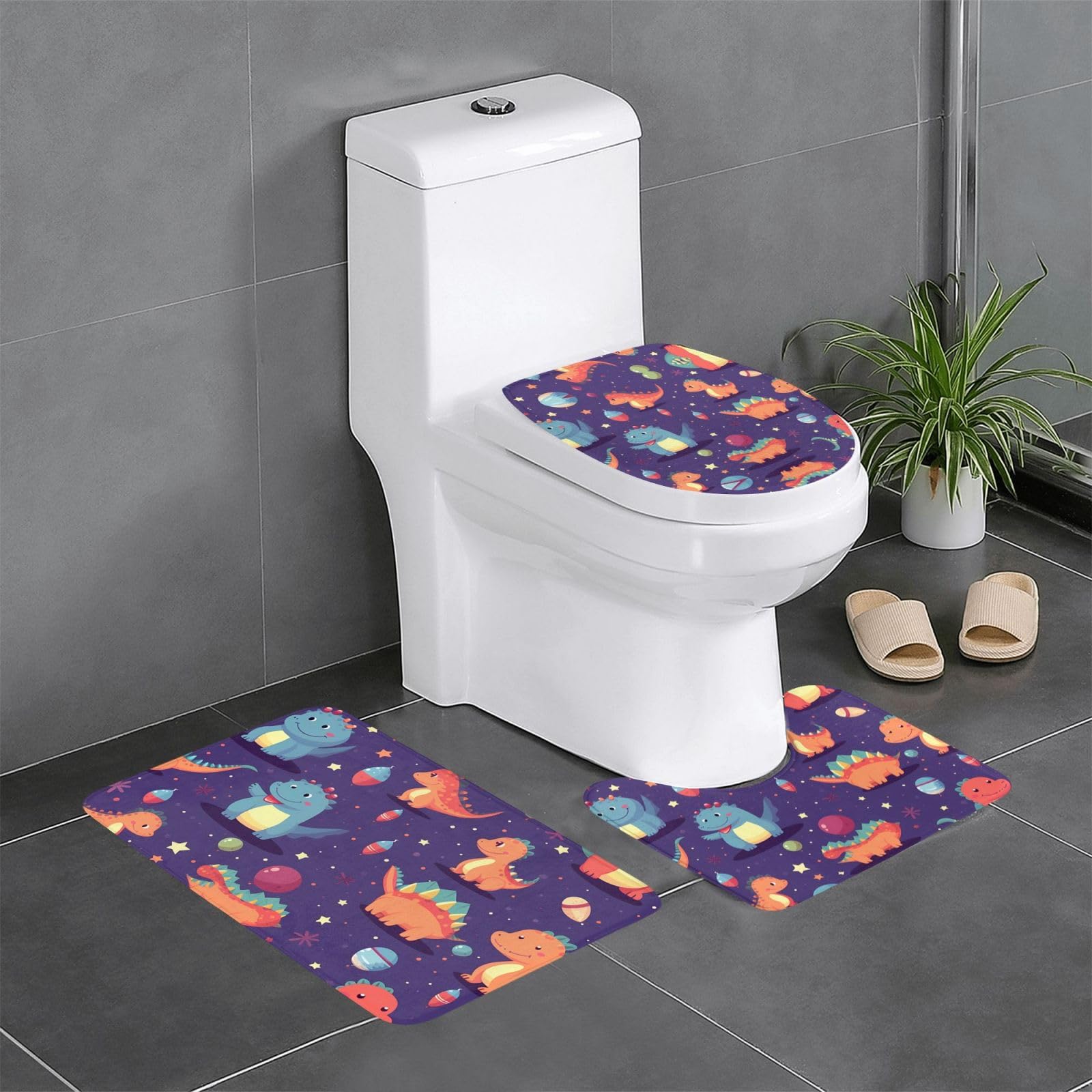 Tapis de salle de bain dinosaure antidérapant lot de 3 pour toilettes et coiffeuse rectangulaire