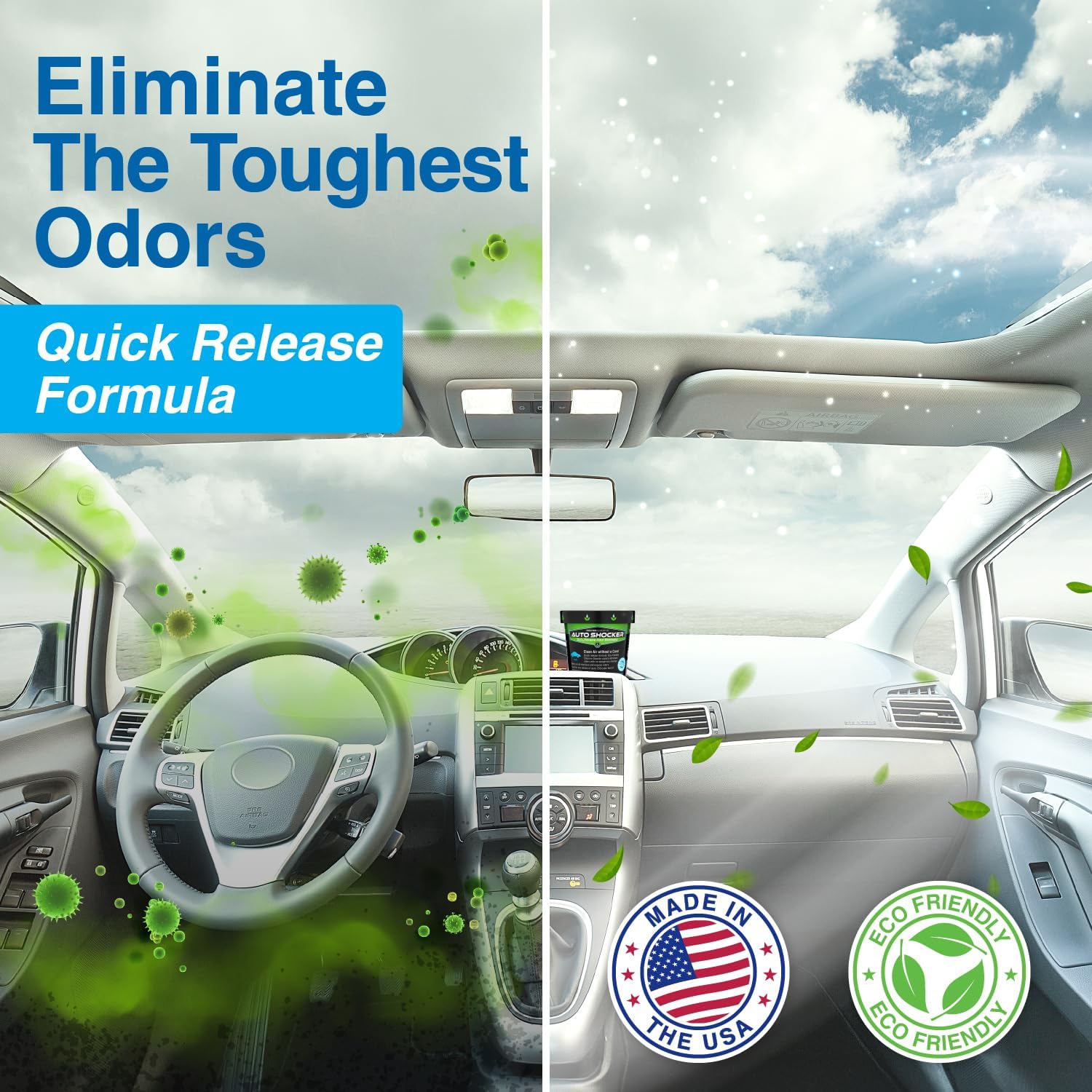 Biocide Systems Auto Shocker Strong Car Odor Eliminator, Eco-Friendly ClO2 Odor Remover for Tough Odors in Vehicle Interiors, Up to 250 Cubic Feet (2-Pack)