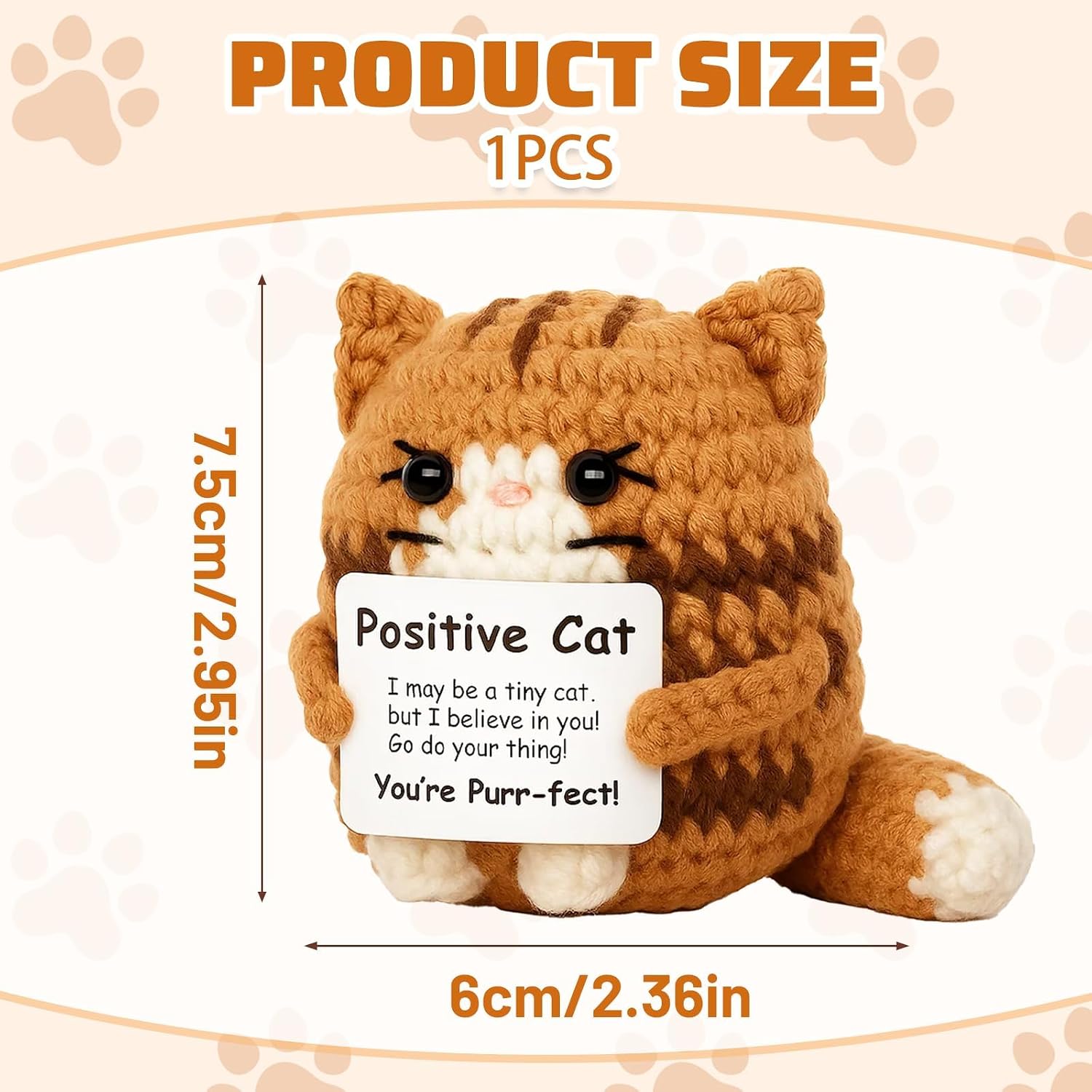 Positive Crochet Animals, 7.5 * 6 Cm Emotional Support Crochet Cat, Positive Cat Crochet Animals Handmade Brown Cat for Stress Relief, Desk Decoration, Gift for Special Occasions