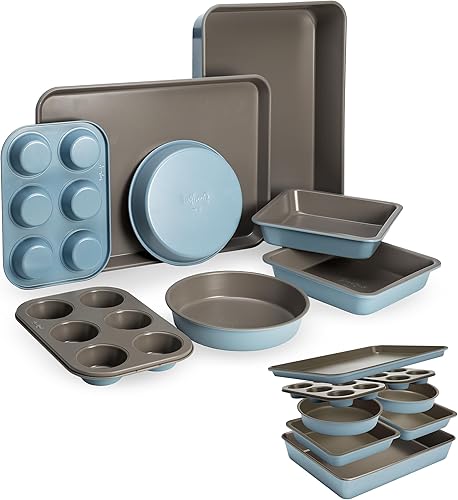 Goodful Juego de utensilios antiadherentes todo en uno, diseño apilable y que ahorra espacio, incluye sartenes redondas y cuadradas, moldes para