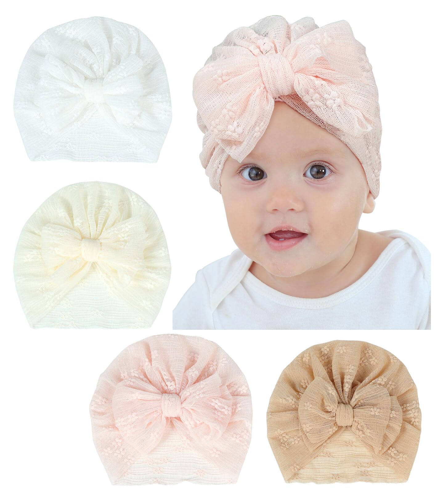 Maeau 5/6 sombreros de turbante para bebé con lazos, gorro suave para niños pequeños, gorro de nudo, gorros de primera calidad elásticos para fotografía de bebé