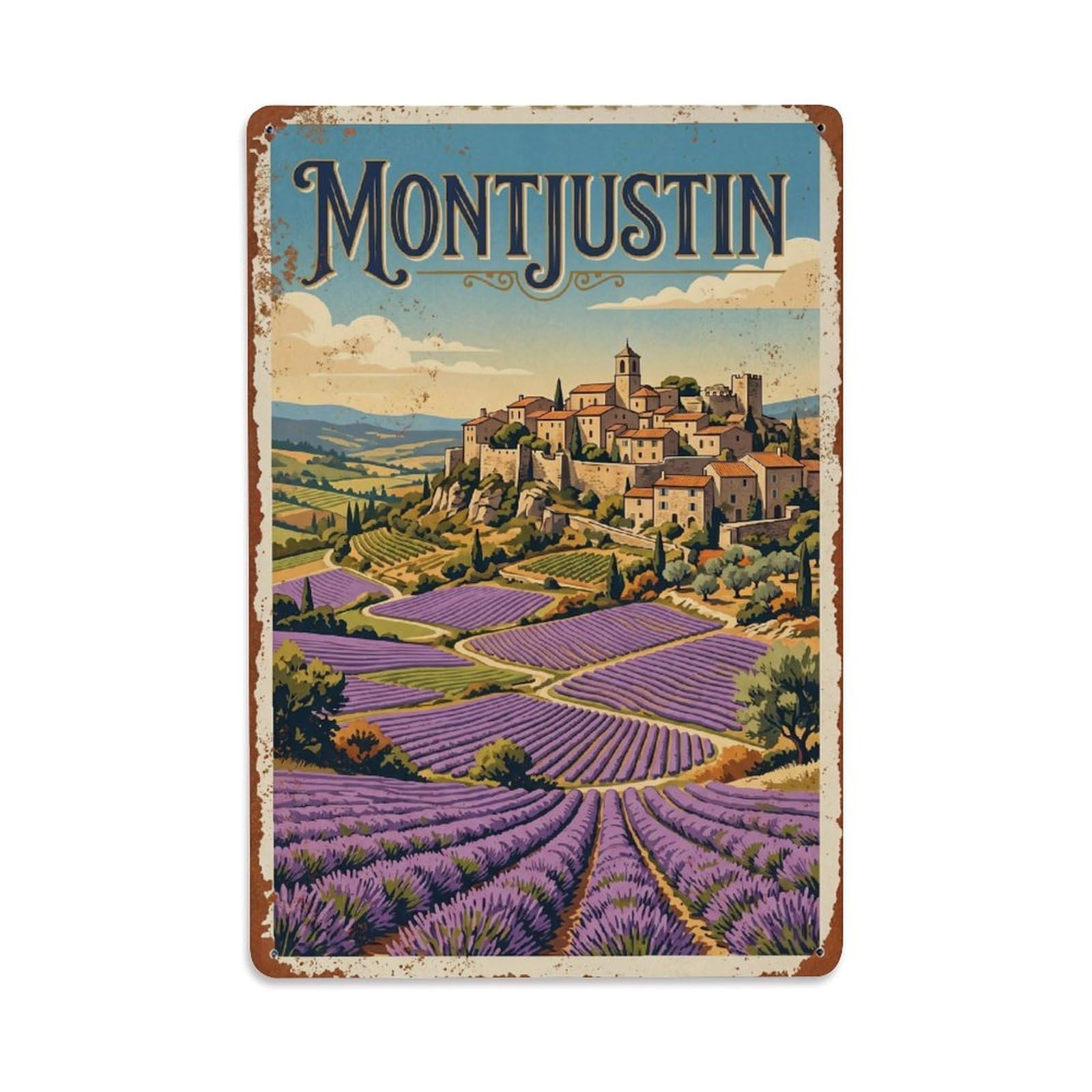 Travel Map Montjustin France Vintage Cartography Cityscape Metal Tin Sign Plaque Wall Decor for Cafe, Man Cave, Club Bar, Office, Home Garden Round Metal Poster 8x12Inch