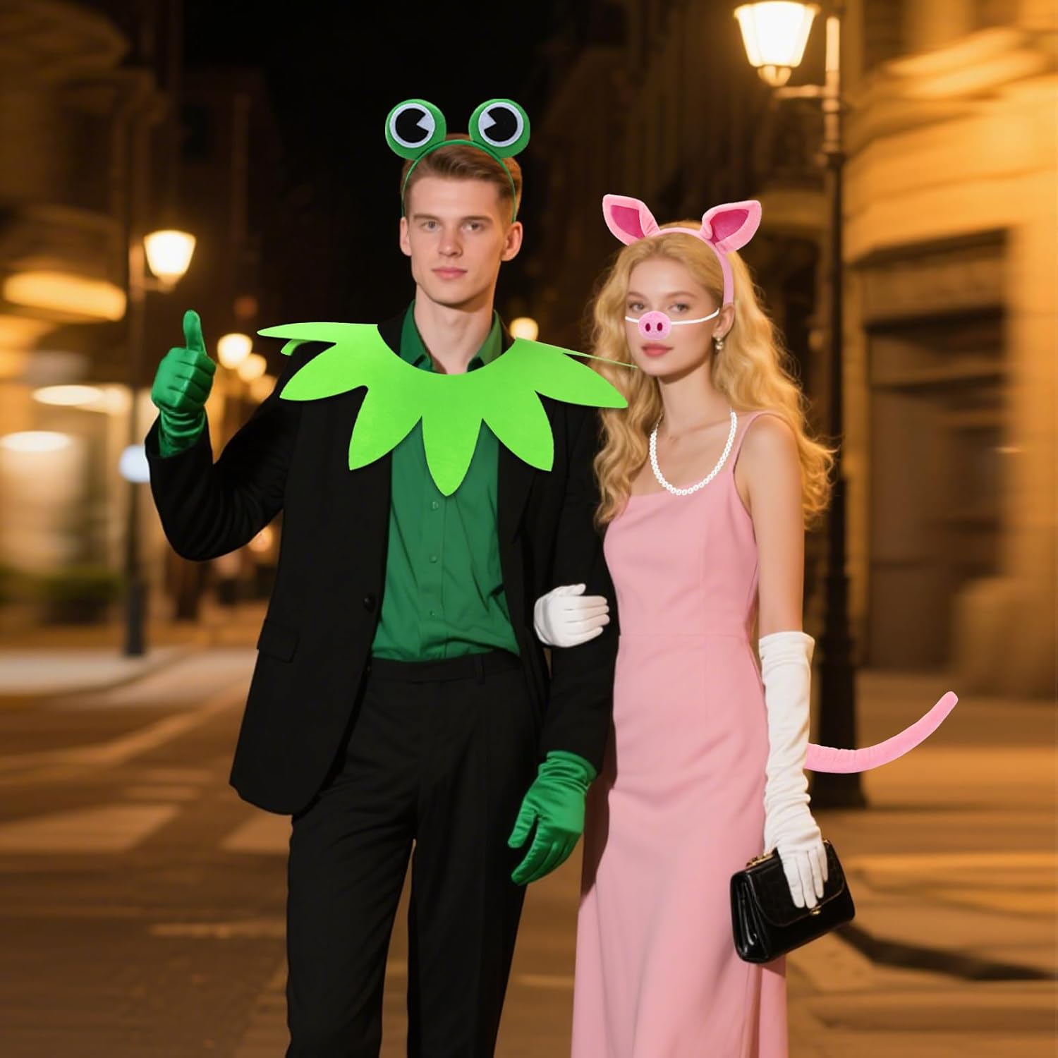 8 Pcs Frog and Pig Costume including Male Frog Headband Scarf Green gloves and Female Pig Headband Bow Tie Tail Pearl Necklace White Gloves for Halloween Cosplay - Image 6