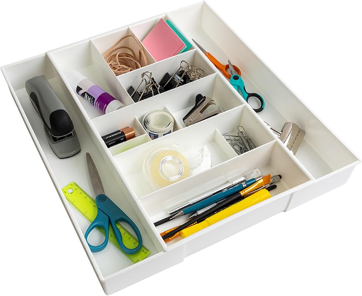 Dial Industries Expandable Junk Drawer Desk Organizer Storage Tray | Adjusts to fit narrow or wide drawers, Keeps pens, tools and small items separated, Great for desks, offices or kitchens