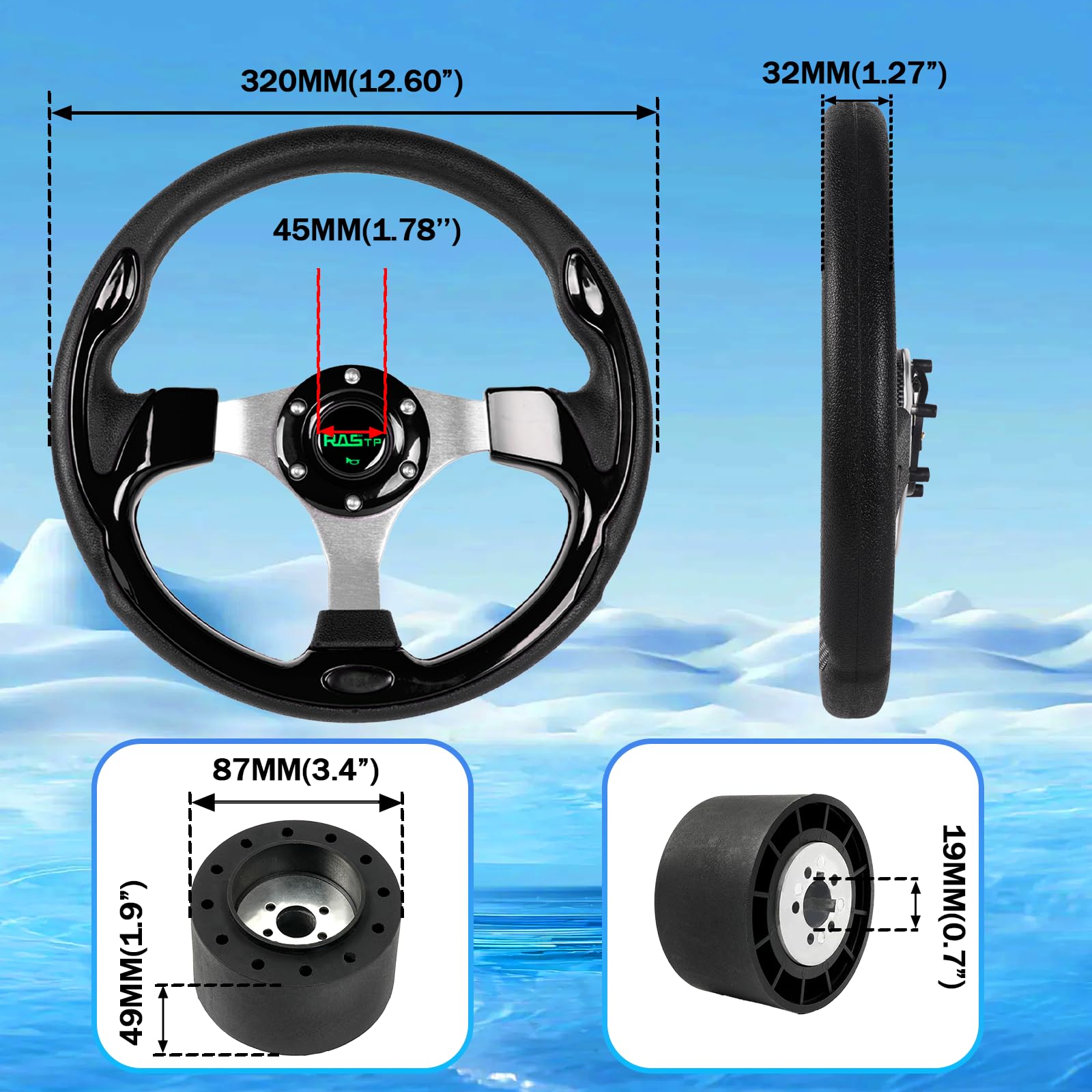 RASTP 32,6 cm (12,6 Zoll) Boots-Lenkrad mit 1,9 cm Achse, Marine-Lenkradadapter für die meisten Marineboote, Schiffe, Yachten, Pontons, Boote, Schwarz