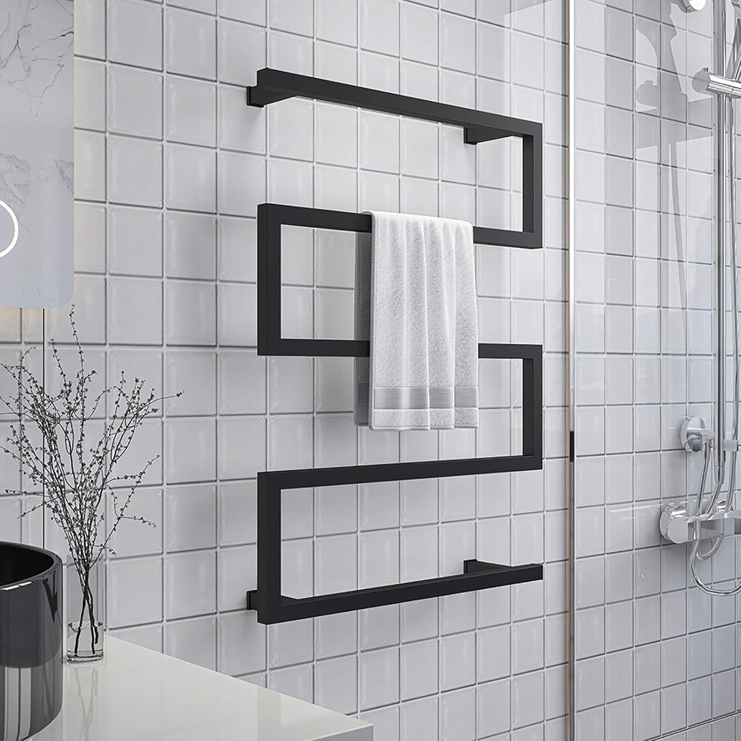 Towel Warmer, Electric Heated Towel Rack with Timer, 304 Stainless Steel Heated Towel Rail Wall Mounted 5 Bars Waterproof Bath Towel Heater, 80×60×12cm,Black,Hardwired