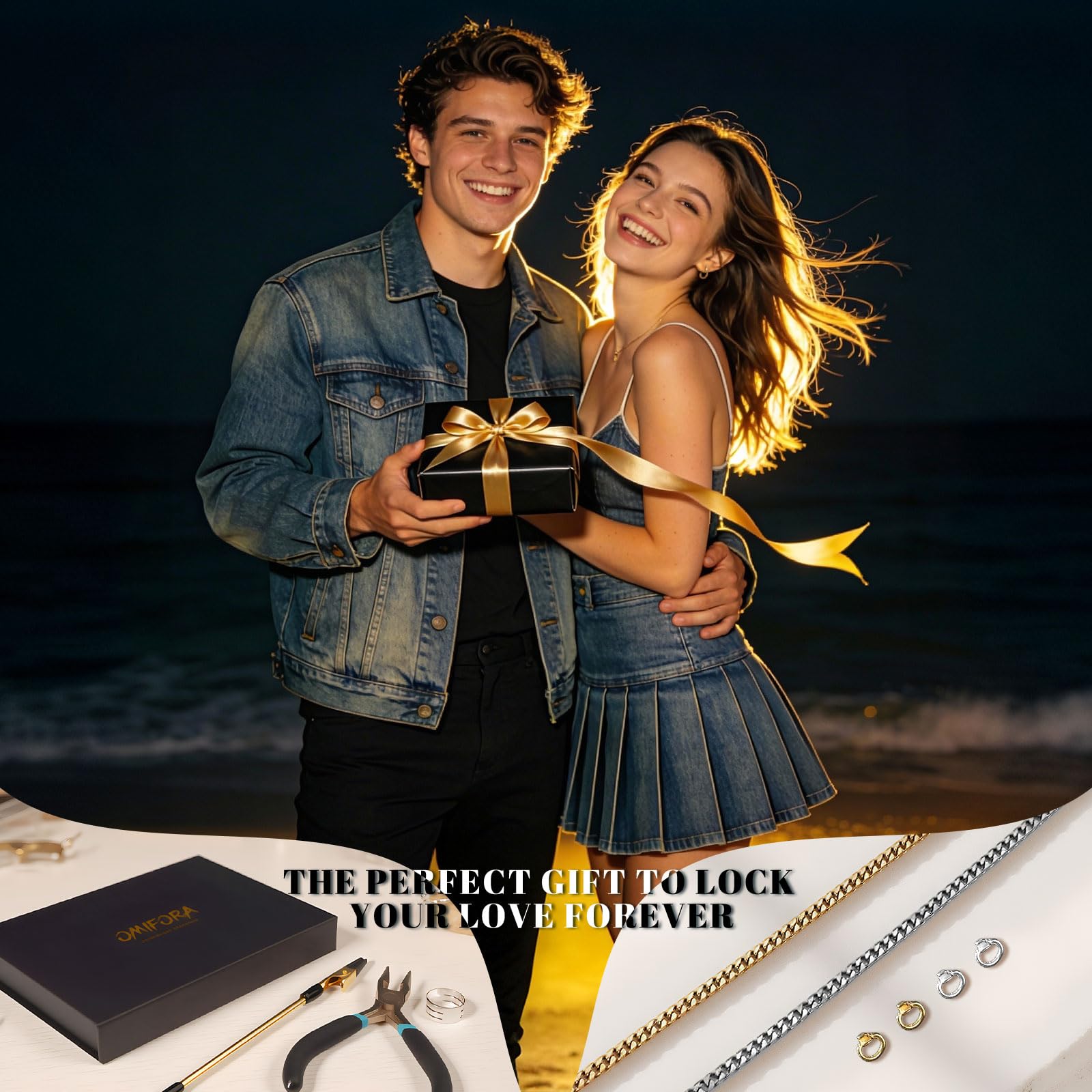 omifora Kit di braccialetti permanenti con chiusura ad anello, gioielli romantici per coppie, amici e familiari, regalo per anniversari, festa della mamma e compleanni (oro e oro)