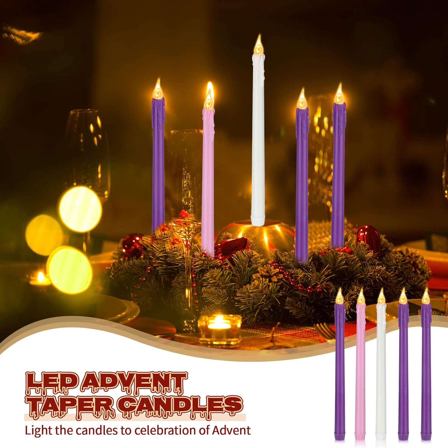 BBTO Christmas Flameless Advent Candles Set of 5 Battery Operated Candles LED Taper Candle Purple & Pink Glitter Flickering Candle for Christmas Fireplace Wreath Decor(Teardrop Style)