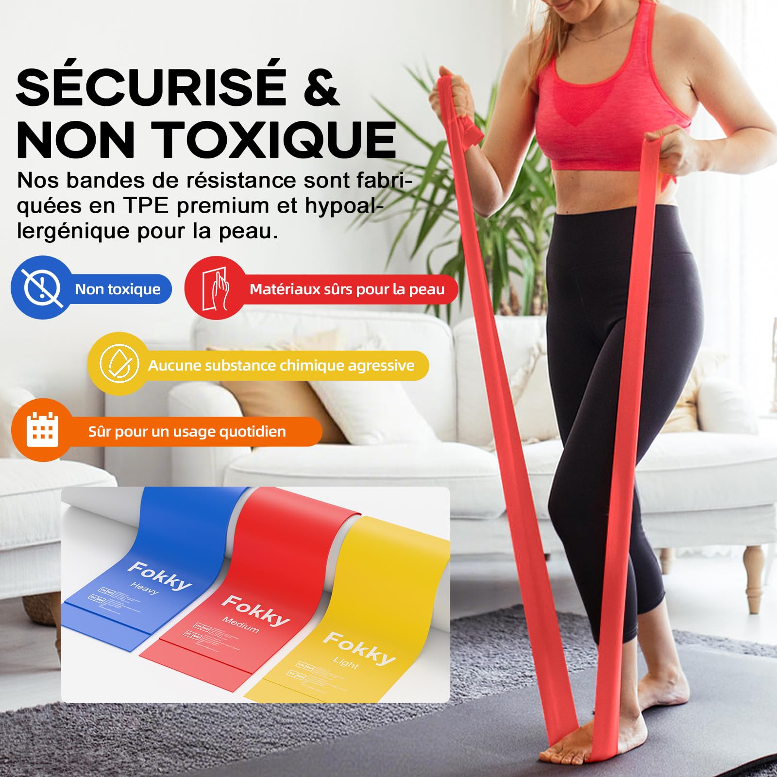 Bande Élastique Musculation 3 Pièces 1.5M/2M Fitness avec 3 Niveaux de Résistance Yoga Pilates