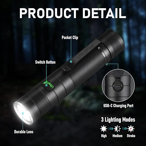 Miniatura 5 de ULTRAFIRE Linterna táctica y funda de 1200 lúmenes, 3 modos de luz flash recargable USB-C para EDC, camping y paseo de perros