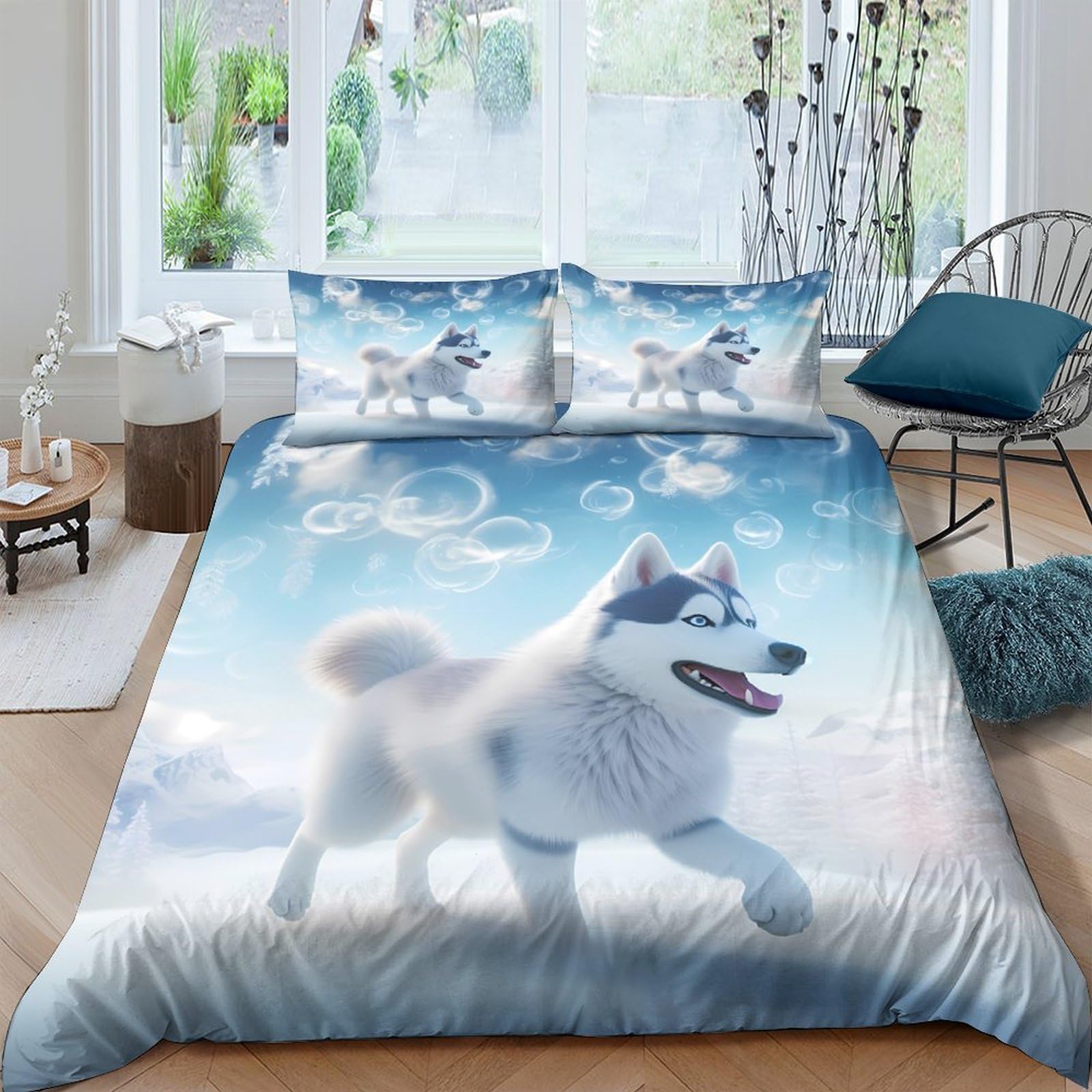 Ctjqhvkz Style-10 3D Printed Husky Dog Fitted Sheet Microfiber Soft Blue Sky Clouds Bed Cover Anti-Slip Machine Washable Bedroom Decor Single（135X200cm）