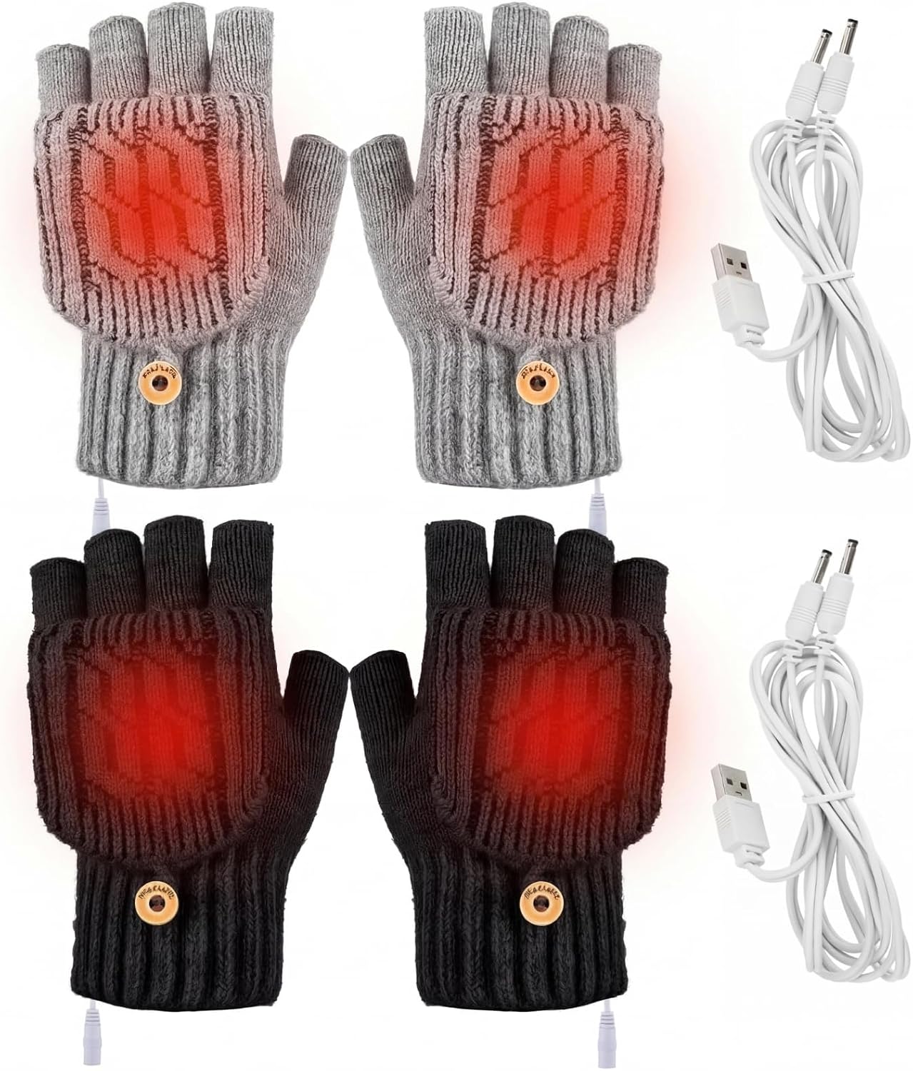 Sintege 2 Pairs Winter USB Heated Gloves Fingerless USB Hand Warmer Electric Hand Warming Gloves with Button Heated Mittens
