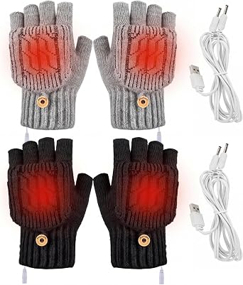 Sintege 2 Pairs Winter USB Heated Gloves Fingerless USB Hand Warmer Electric Hand Warming Gloves with Button Heated Mittens