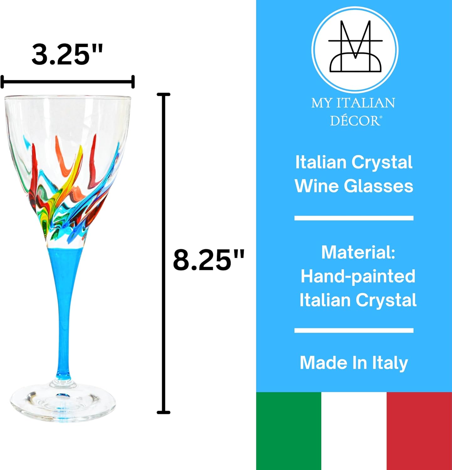 Italian Wine Glasses, Trix Collection, Set of 2, 8 OZ Glasses, Hand Painted Drinkware, Crystal Glassware, Colored Wine Glasses, Wine Goblets, Hand Blown, Glass Goblets, Made In Italy