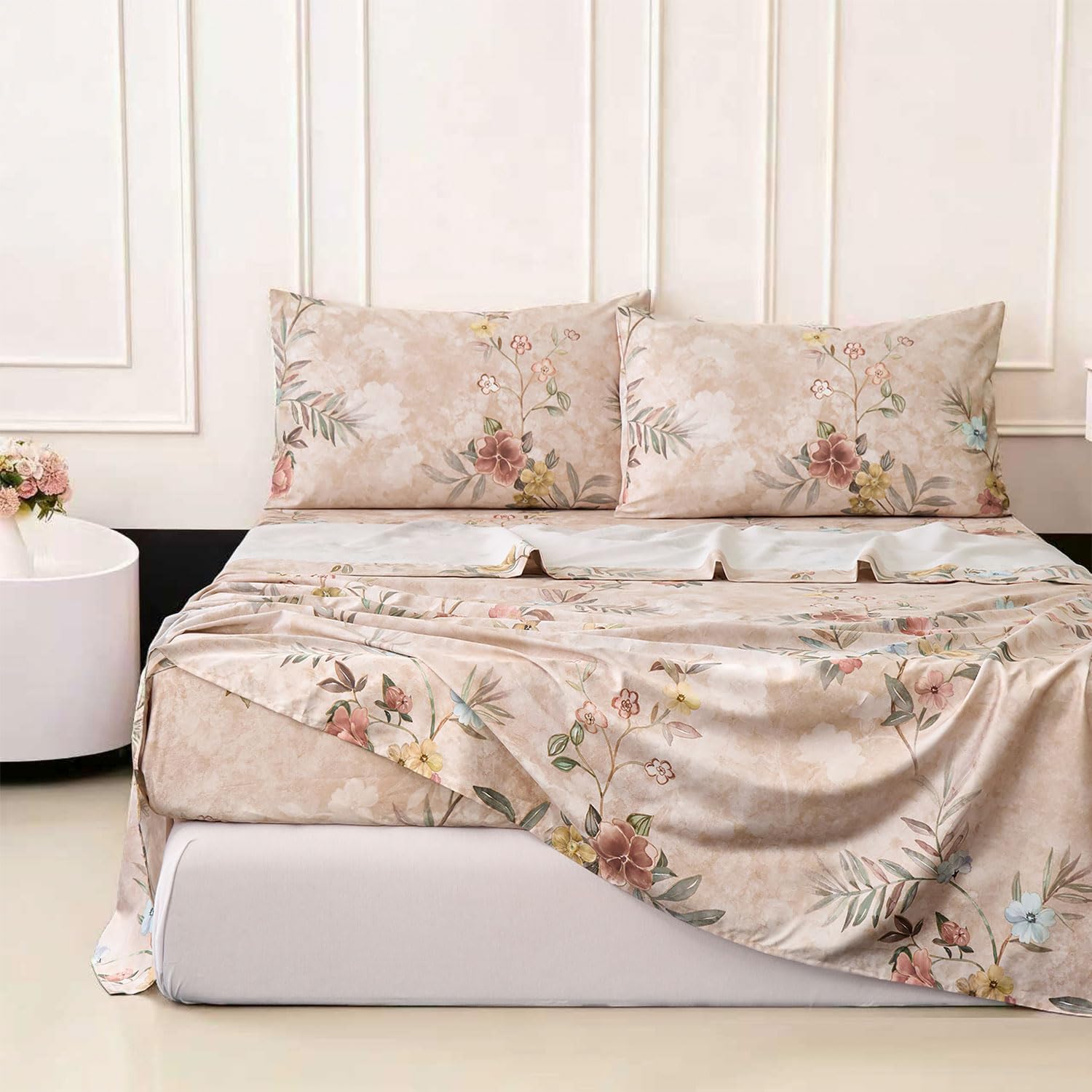 Floral Bed Sheets Queen Size Sheet Set Light Brown 100% Cotton Satin Weave, Yellow Blue Flower Printed Chinoiserie Luxury Shabby Vintage Bed Set with Deep Pocket 17.5", Soft & Breathable,4Pc