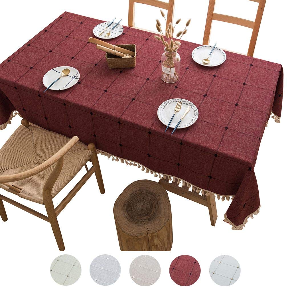 Nappe coton lin rouge à grands carreaux et finitions frangées
