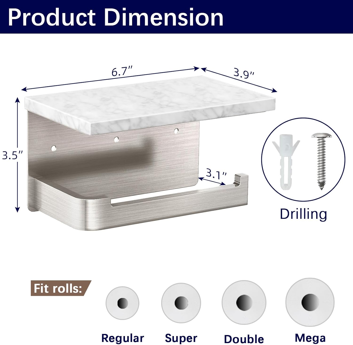 Brushed Nickel Toilet Paper Holder with Marble Shelf